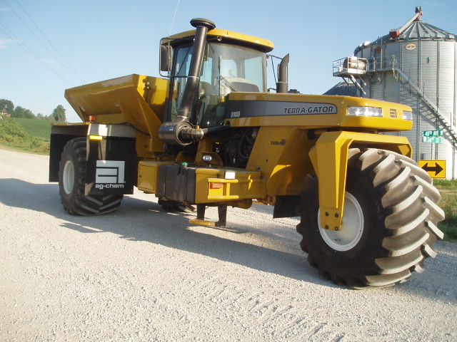 Used farm equipment on the Mid Iowa Equipment lot in Newton, Iowa